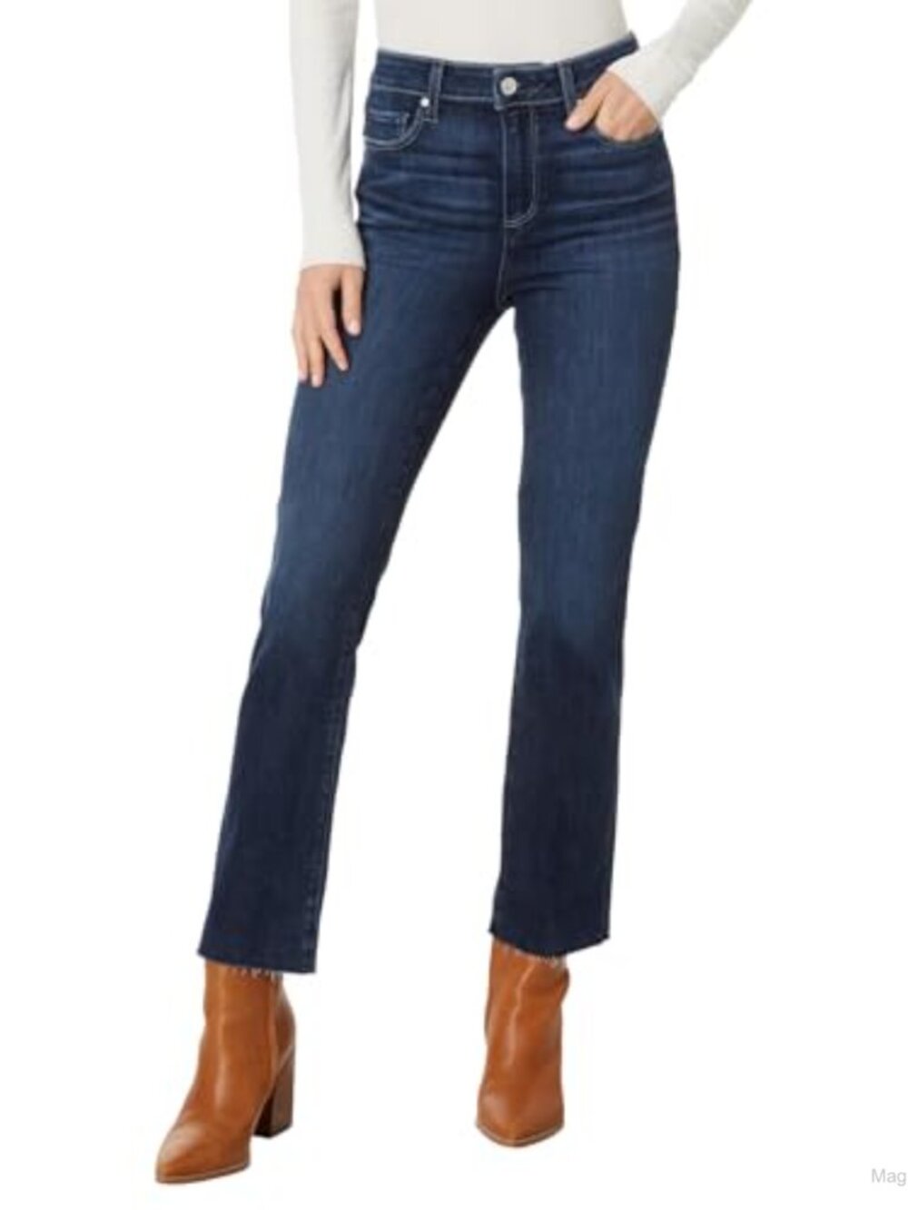 High Rise Straight Leg Jeans Raw Hem Stretch Denim